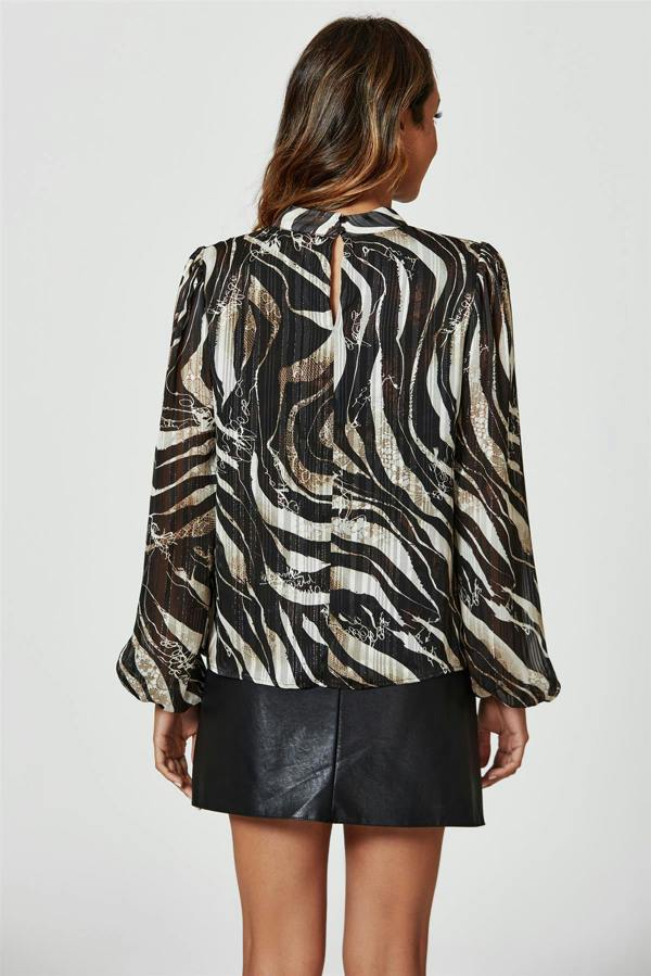 FS Collection Silver Thread Zebra Print Long Sleeve Blouse Top In Black