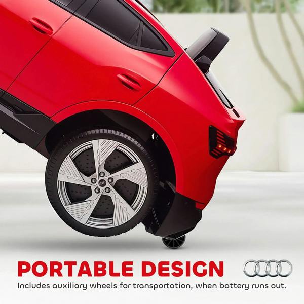 Red kids electric ride-on car with front wheel, fender details, and side light