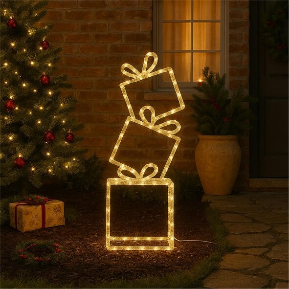 Scotts of Stow Xmas Haus Pre Lit 40 Warm White LED Christmas Presents Stack of 3 with 5m Lead Timer