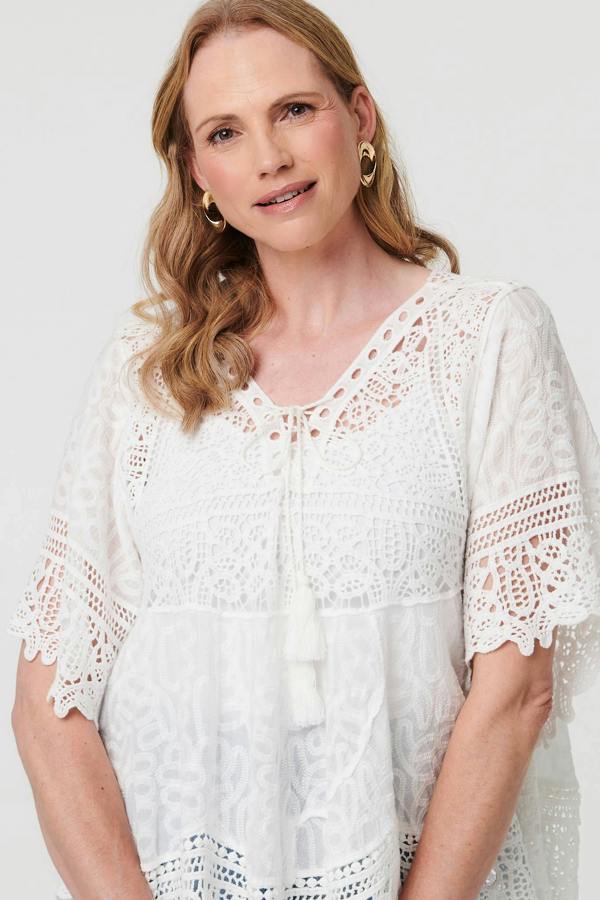 White | Crochet Lace Texture Relaxed Blouse