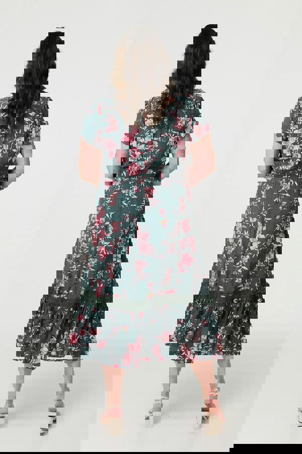 Green | Floral Short Sleeve Lace Trim Maxi Dress