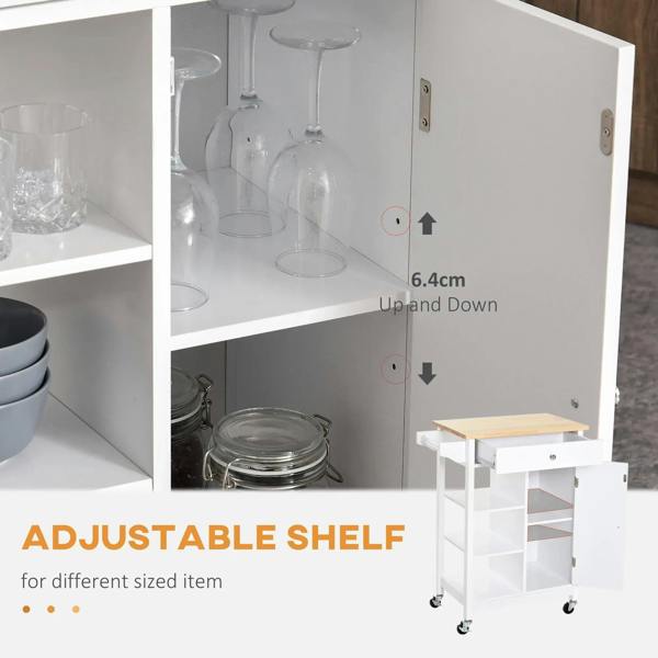 White kitchen trolley interior with adjustable shelves and cabinet doors