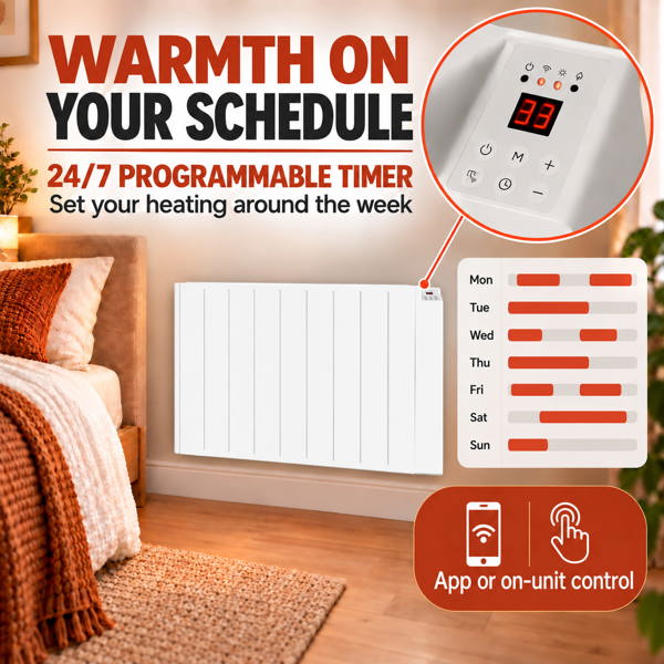 MYLEK Electric Radiator Panel Heater WIFI Smart APP Eco 2000W Bathroom Safe Wall Mounted Timer Thermostat