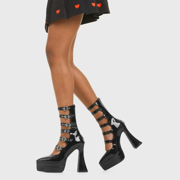 Lamoda Revolution Black Patent Platform Ankle Boots Stylish Chunky Fashion