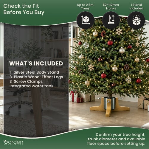 Wonder Christmas Tree Stand with Water Tank, Fits Trees up to 2.6m, 3 Clamp Screws for 50-110mm Trunks, Silver Steel Base
