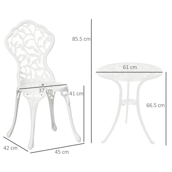 White bistro chair and round table dimensions shown with height and width