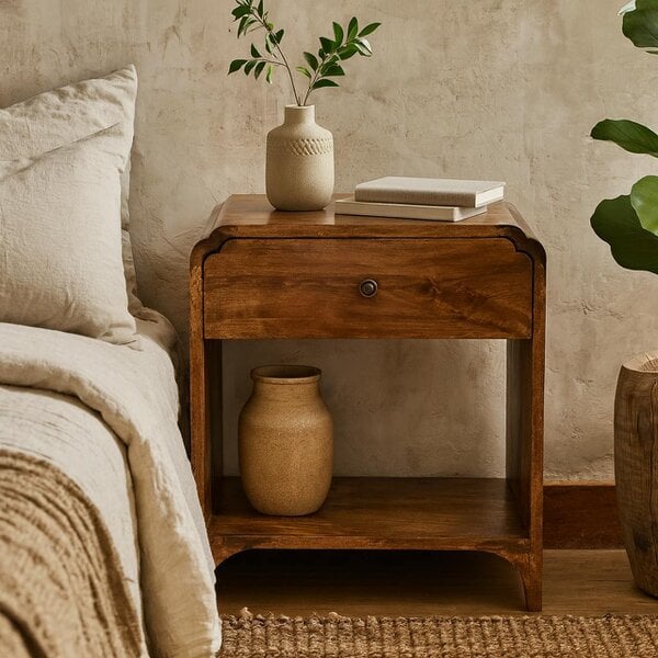 Wyld Haus Lanta Mango Wood Scalloped Bedside Table with Drawer