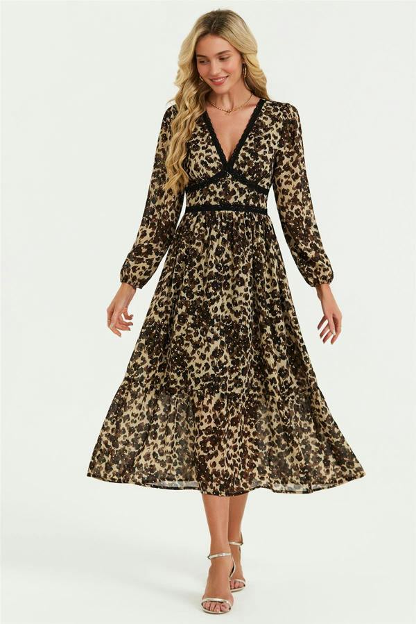 FS Collection Leopard Print Foil Lace Trim Long Sleeve Maxi Dress In Brown
