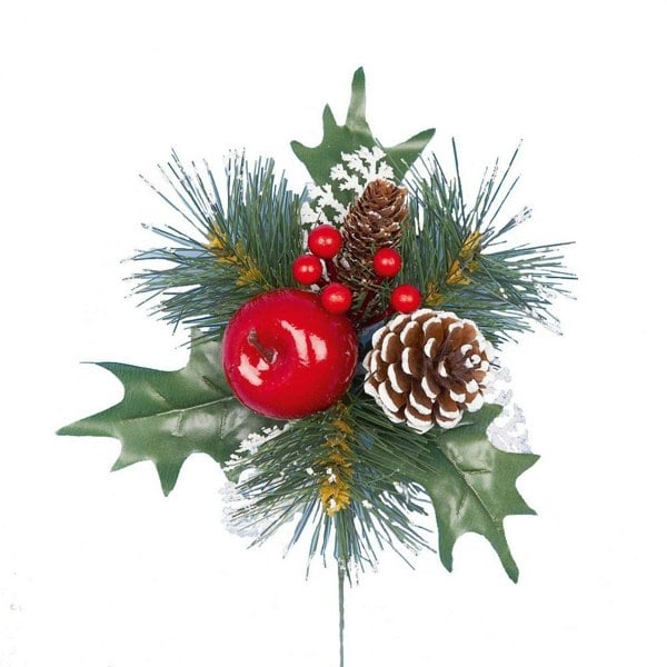 Premier Frosted Pine Cone & Apple Pick Christmas Decoration - Green/Red/Brown