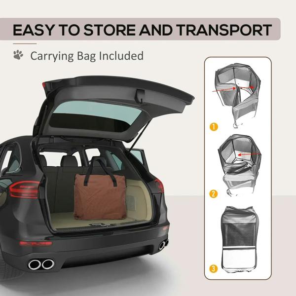Portable pet playpen with included carrying bag for storage and transport, shown folded.