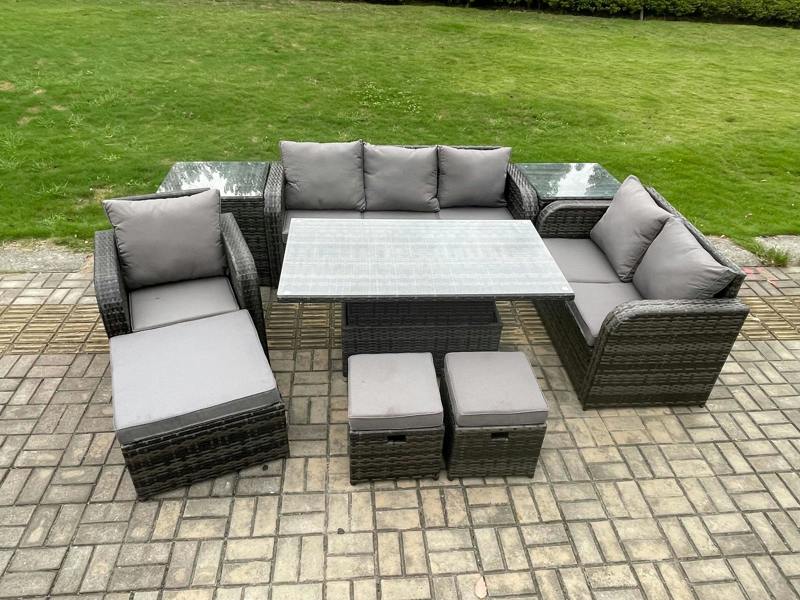 Fimous Rattan Garden Furniture Patio Set, Adjustable Height Table, Reclining Chair Sofa, 2 Side Tables, 3 Footstools, Dark Grey Mixed