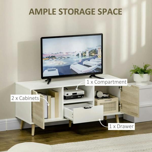 TV stand cabinet with two storage cabinets and one drawer, natural wood-effect finish.