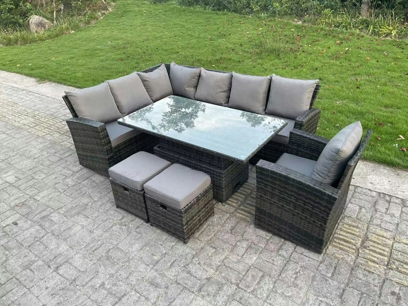 Fimous High Back Rattan Garden Furniture Corner Sofa Sets Adjustable Rising Table Dark Mixed Grey 9 seater left corner