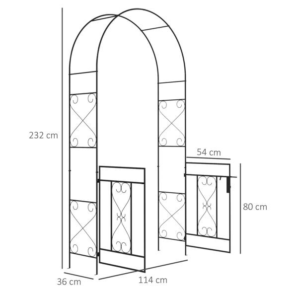 Black metal garden arch and double gate with labeled height and width measurements