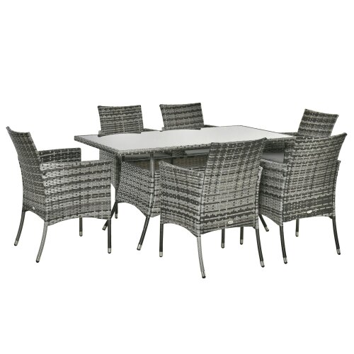 Wyld Haus Zila 6 Seater Rattan Grey Outdoor Dining Set With Cushioned Armchairs And Glass Table