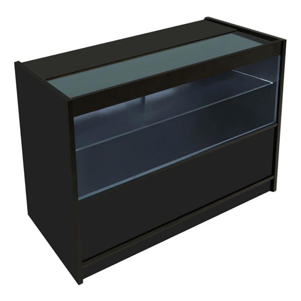 Vega LED Shop Counter Set in sleek black, featuring a glass top, illuminated display shelves, and a modern design for retail spaces