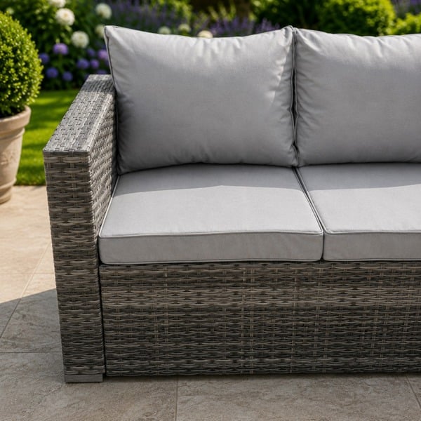 Fimous 3 Seater Rattan Lounge Sofa with Seat and Back Cushion - Grey