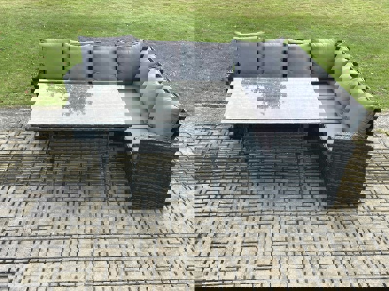 Fimous 6 Seater Garden Rattan Furniture Corner Sofa Dining Table Set with Temper Glass and Cushions Indoor Outdoor Lounge Sofa Set