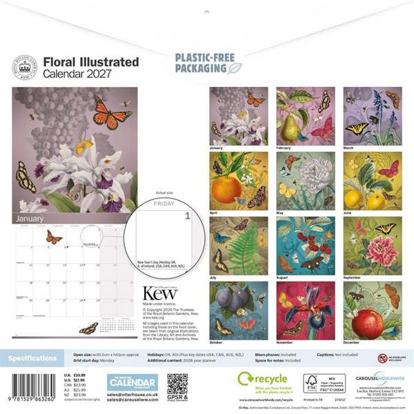 Royal Botanic Gardens, Kew Floral Illustrated Calendar 2027, Wall Calendars, Month To View, Lifestyle, Gift