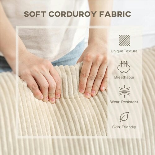 Bobobiy Modern 3 Seater Sofa with Spring Cushion, 212 cm Fabric Jumbo Cord Sofa Couch with 2 Scatter Cushions, Cream White