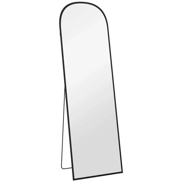 Black standing full-length mirror with arched top and slim aluminum frame