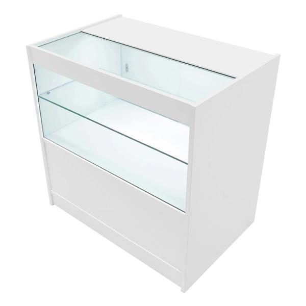 Harmonia LED shop counter set in sleek white, featuring glass display shelves and a modern design, ideal for showcasing products