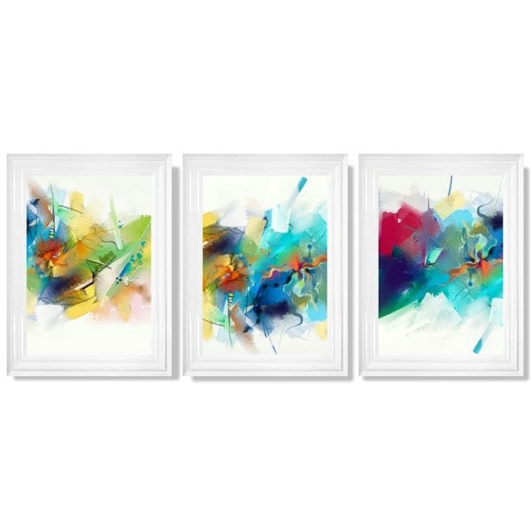 Artze Wall Art Set of 3 Abstract Multicolour Blue Pink Framed Wall Art Prints