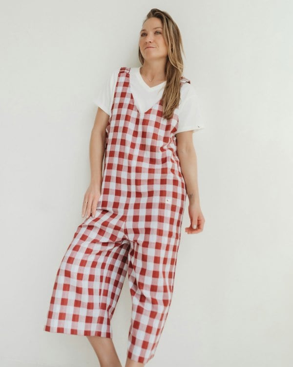Grace Red Check Print Reversible Wide Leg Jumpsuit- image 1