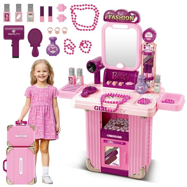 deAO Toys Girls Makeup Table & Suitcase – Portable Vanity Play Set with Light, Music & Accessories, Pretend Makeup Kit for Kids 3+, Great for Travel