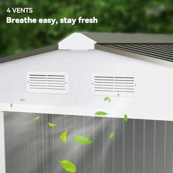 Silver metal shed roof with two vents for airflow and ventilation