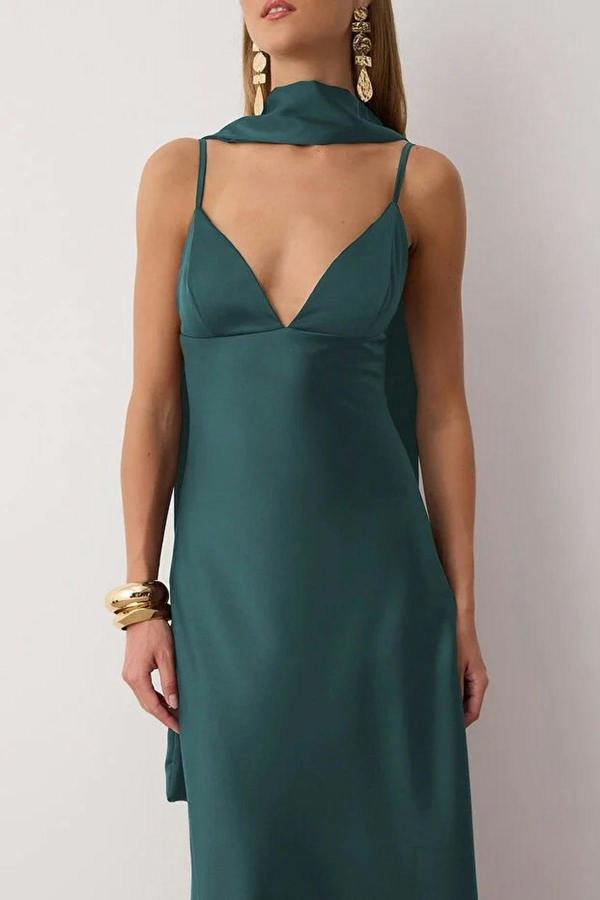 WOVCOR Scarf Detail Satin Maxi Dress with Strappy Design