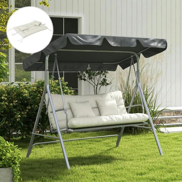White patio swing seat cushion set with backrest pad and two pillows, tied corners