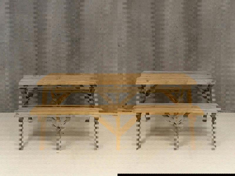 Fortem Rounded Pub Style Picnic Table and Benches Set - Rustic Finish Wooden Outdoor Dining Set for Gardens, Patios, and Pubs