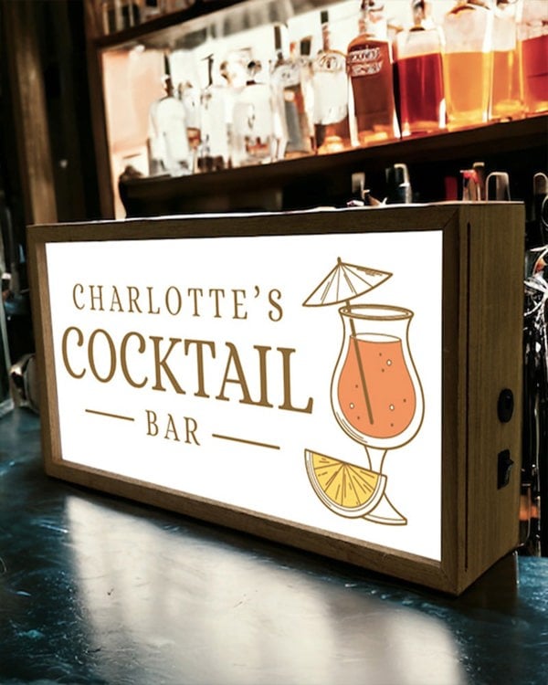 Personalised Light Box Sign for Home Cocktail Bars, Lounges & Parties