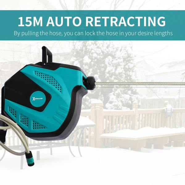 Teal and black auto retracting hose reel with wall mount and visible hose