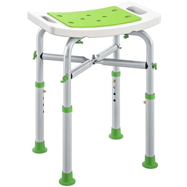 Green shower/bath stool with aluminum frame, padded top, and adjustable non-slip feet