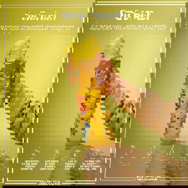 A yellow, child-themed water bottle with a flip top is held; its lid opens one-handed, it's leakproof, and has triple lock security. Flip top opens one-handed with a simple click. Flips open with a simple click. One-handed use on the go. Triple lock security. 100% leak proof - no twisting, no leaks. SLIM RECYCLON™.