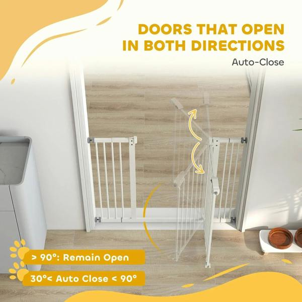 White safety gate illustration with door opening in both directions and auto-close arrows