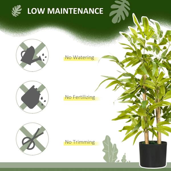 Artificial bamboo tree with green leaves in black pot; low-maintenance no watering graphic shown