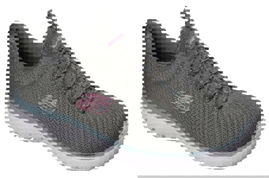 Skechers Summer Blush Womens Slip On Casual Sports Walking Trainers, grey athletic sneakers with lace-up closure and cushioned sole.