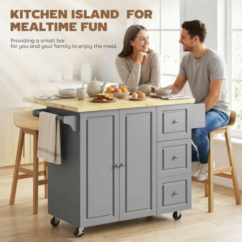 Wyld Haus Norado Grey and Natural Wooden Rolling Kitchen Island With Drop Leaf Drawer Towel And Spice Racks