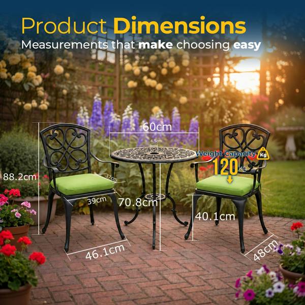 Homeology VIVALDI Black 3-Piece Cast Aluminium Garden Bistro Set - with Green Cushions