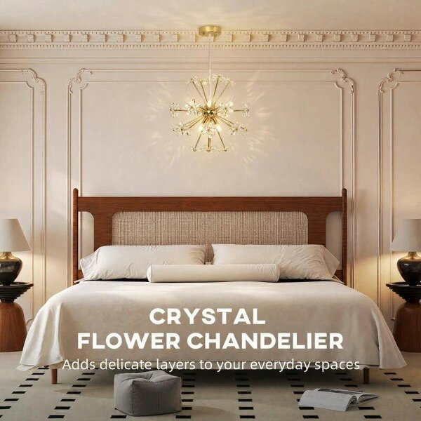 Crystal Chandeliers Ceiling Light with Flower, Modern Pendant Light with Adjustable Height, Ceiling Plate, Clear
