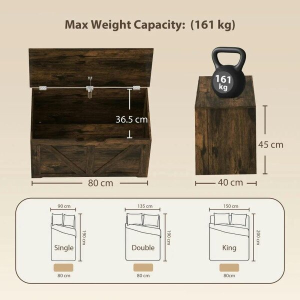 100L Home Storage Box, with Safety Hinge - Rustic Brown Wood-Effect