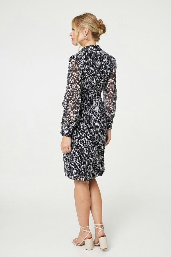 Black | Printed Long Sleeve Wrap Front Short Dress
