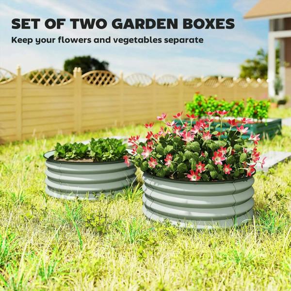 Two green ribbed metal garden planter boxes filled with blooming flowers
