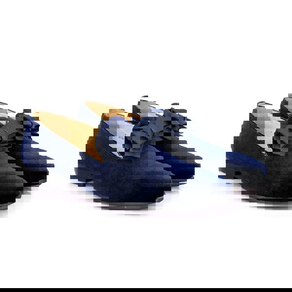 David WeJ Blue Leather Velvet Bow Tie Loafers