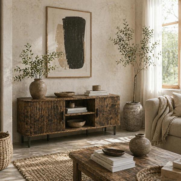Wyld Haus Avaniva 120cm Rustic Brown TV Console With Sliding Doors and Shelf For Screens Up To 55 Inches