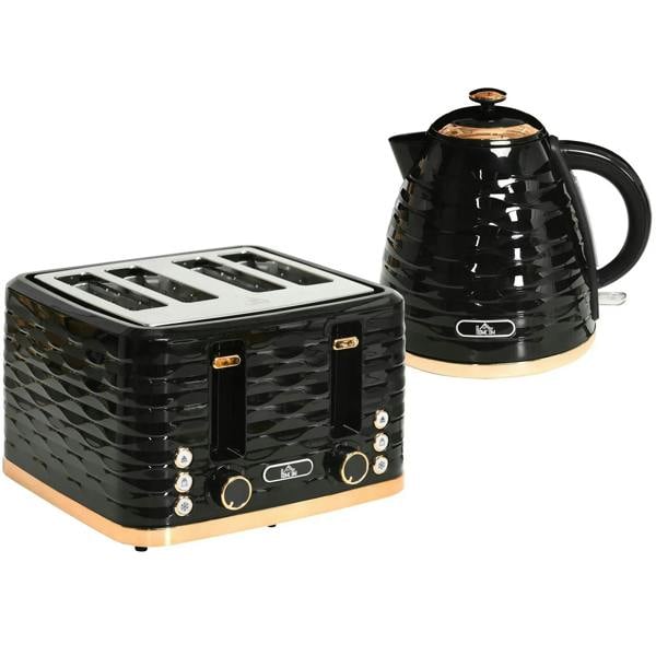 Black kettle and 4-slice toaster set with knurled sides, kettle lid and handle visible
