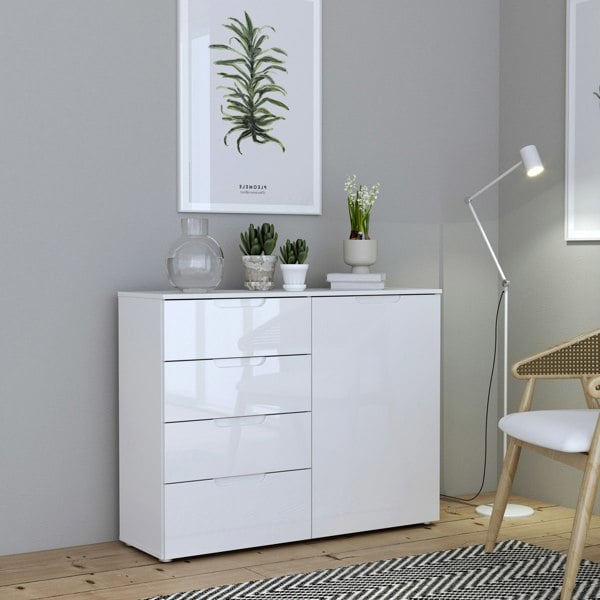Furniture To Go Sienna 4 Chest of Drawers 1 Door in White/White High Gloss